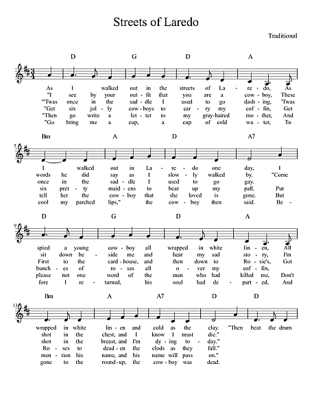 Streets of Laredo - Sheet music - Cantorion - Free sheet music, free scores