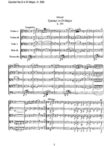 String Quintet No 5 Full Score Violin Violin Viola Viola Cello Sheet Music Cantorion